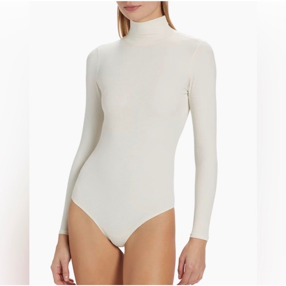 Spanx Suit Yourself Ribbed Turtleneck Bodysuit Cream Large Long Sleeve Mock Neck